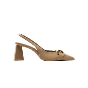 Zara Block-Heel Slingback Shoes Beige w/Gold Embellishment Sz 7.5